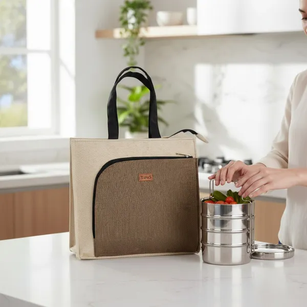 Beige_gold_Polyjute_Lunch_Bag_With_Front_Pocket