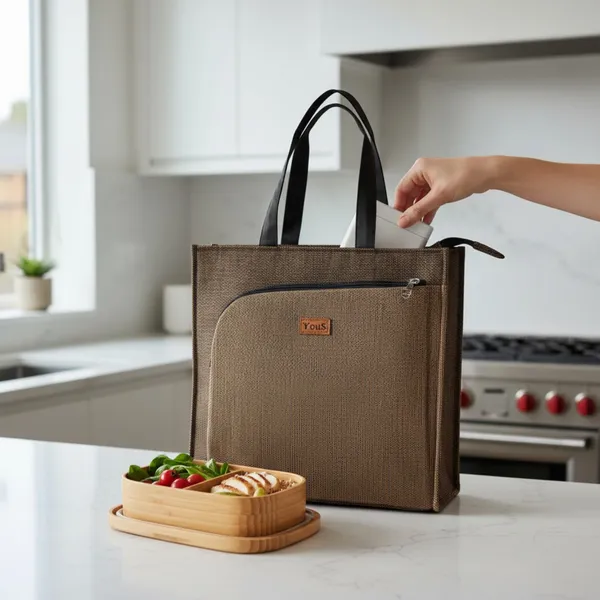Brown_gold_Polyjute_Lunch_Bag_With_Front_Pocket
