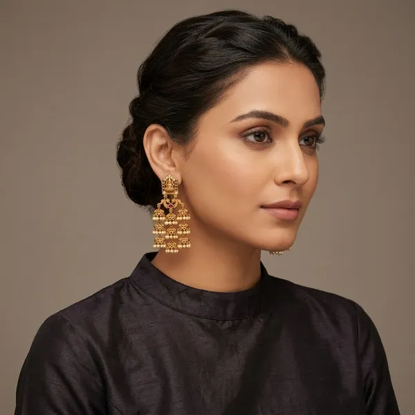 Premium_Gold_Plated_Lakshmi_Temple_Jhumka_Earrings_With_Triple_Layer_Multi_Layered_Hanging_Bells_Pearl_Drops_Traditional_Matte_Finish_New_Arrival_And_Trending