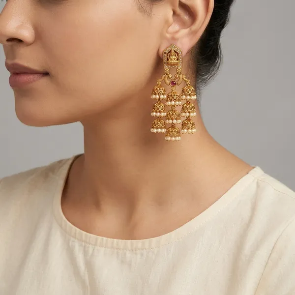 Premium_Gold_Plated_Lakshmi_Temple_Jhumka_Earrings_With_Triple_Layer_Multi_Layered_Hanging_Bells_Pearl_Drops_Traditional_Matte_Finish_New_Arrival_And_Trending