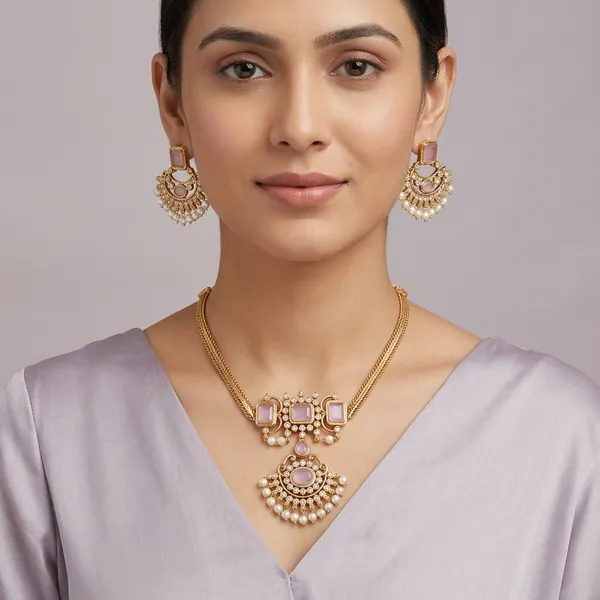 Trending_New_Premium_Quality_Baby_Pink_Necklace_With_Earrings