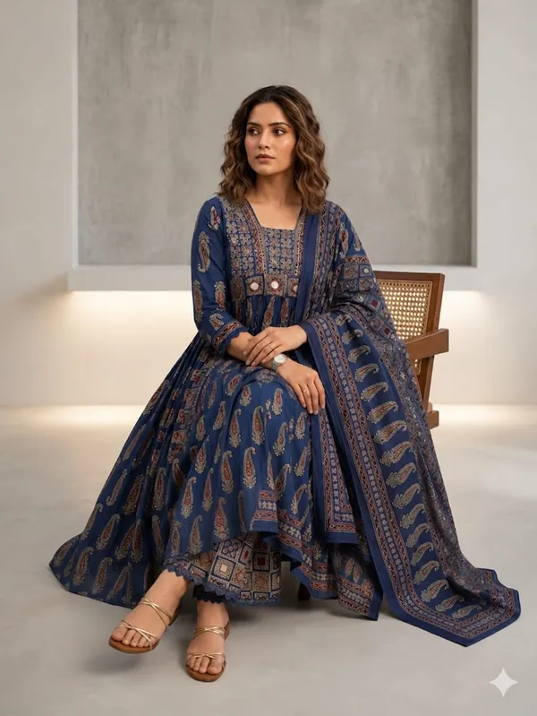 Blue_Cotton_Block_Print_Anarkali_Kurta_Set_With_Dupatta_For_Women