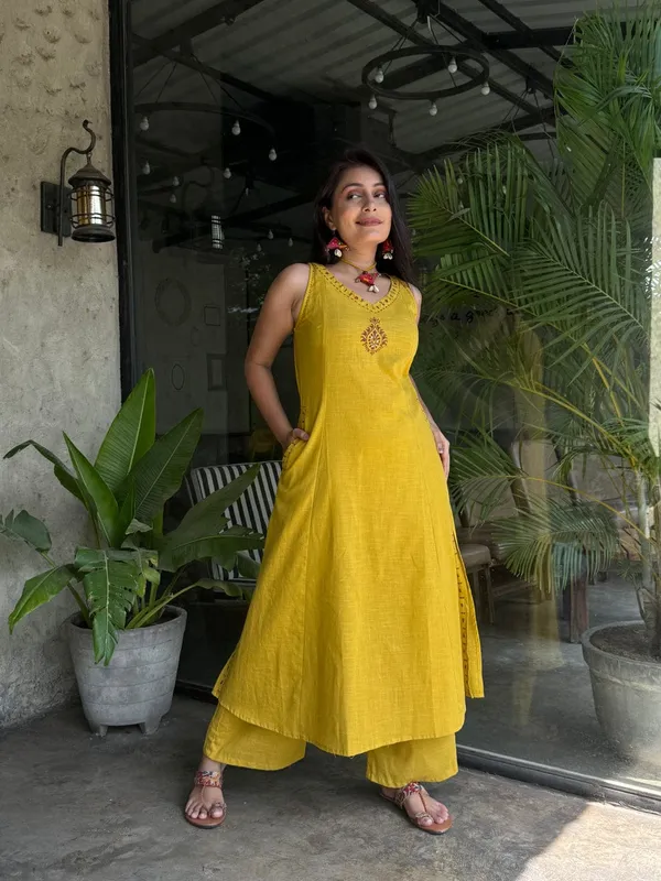 Yellow_Cotton_Sleeveless_Embroidered_Kurta_Palazzo_Set_For_Women