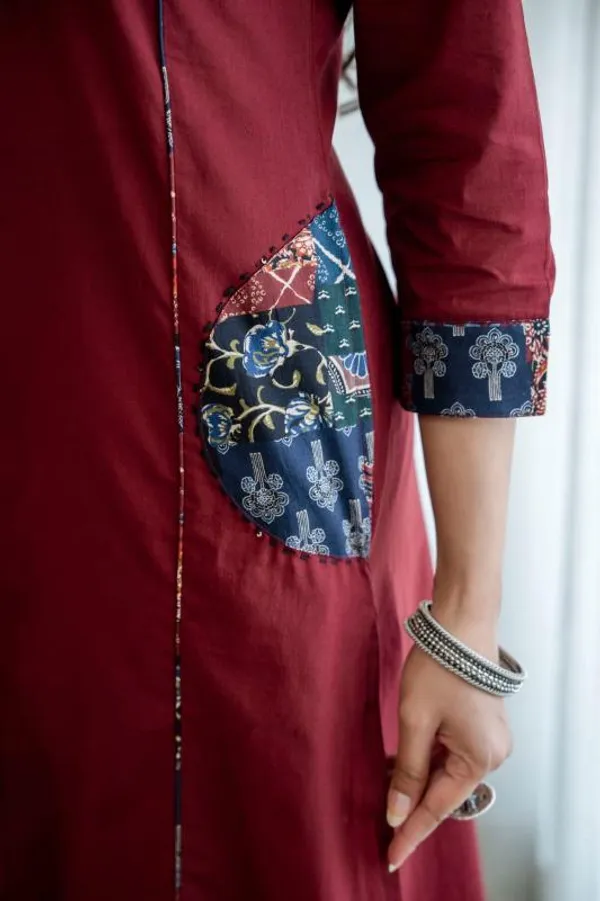 Maroon_Patchwork_Embroidered_Kurta_Set_With_Dupatta_For_Women