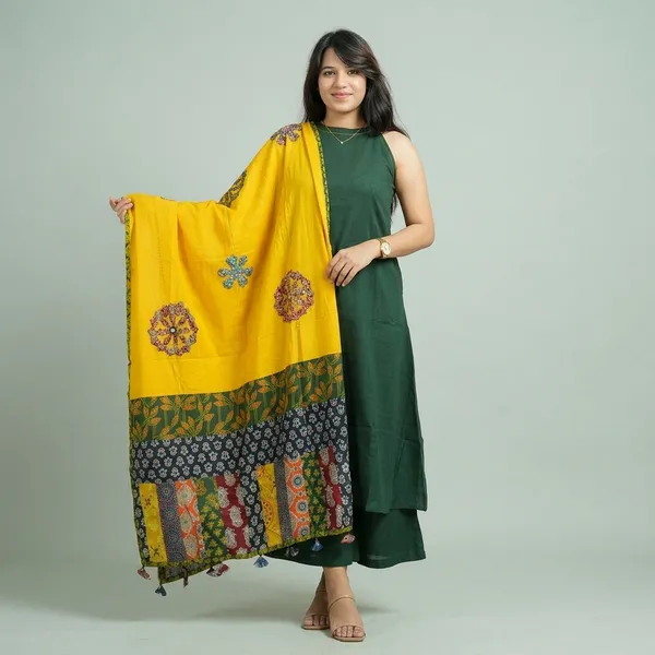 Green_Sleeveless_Straight_Kurta_With_Palazzo_And_Yellow_Dupatta_Set