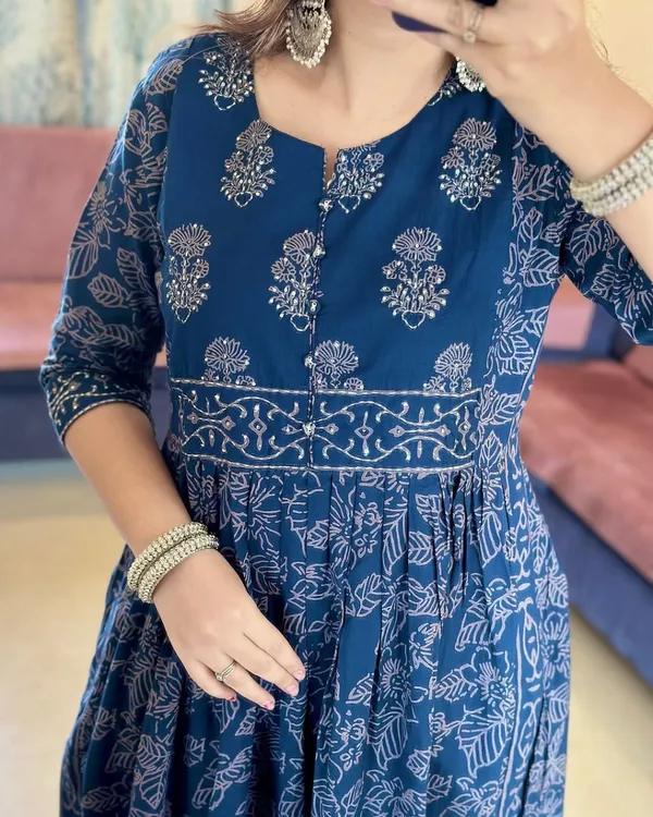 Blue_Cotton_Block_Print_Anarkali_Kurta_Set_For_Women