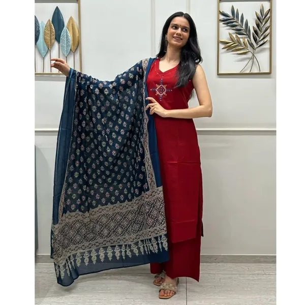 Red_Cotton_Embroidered_Kurta_Set_With_Blue_Dupatta_For_Women