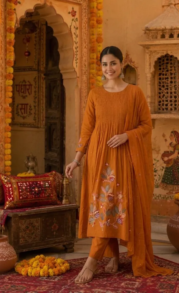 Orange_Cotton_Pintuck_Floral_Embroidered_Kurta_Set_For_Women