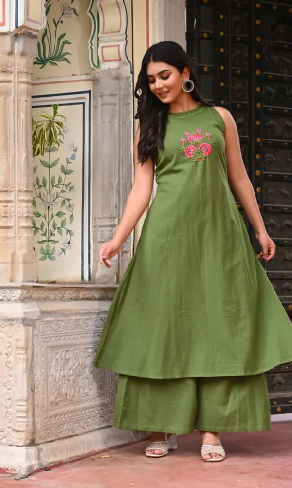 Green_Embroidered_Sleeveless_Kurta_With_Palazzo_Set_For_Women