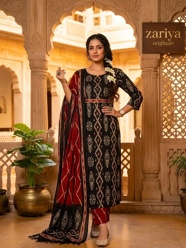 Black_Printed_Anarkali_Kurta_Set_With_Red_Dupatta_For_Women