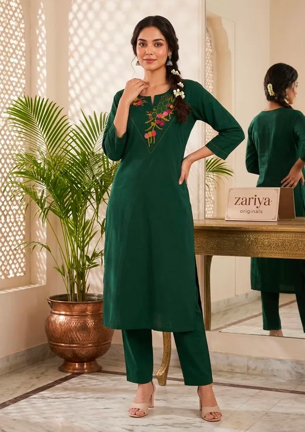 Green_Embroidered_Straight_Fit_Kurta_Set_For_Women