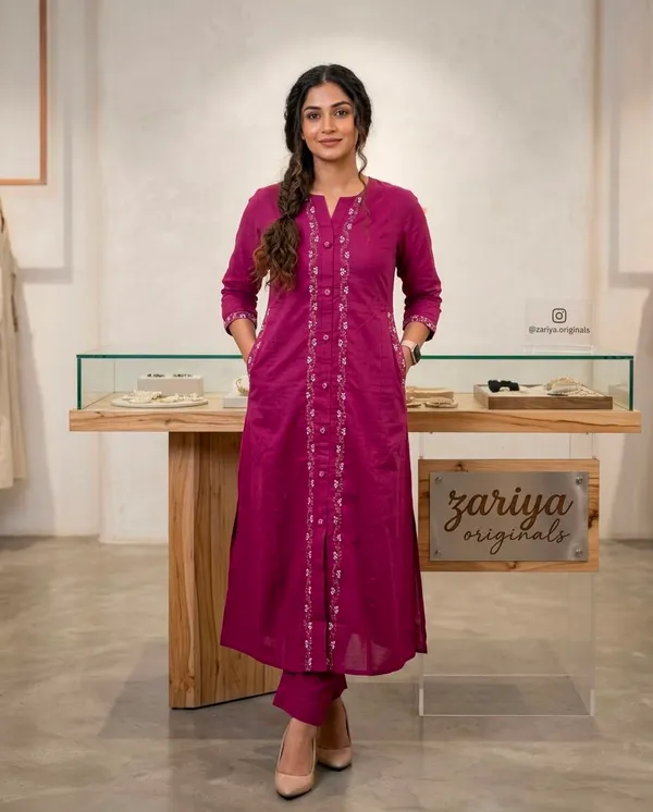 Magenta_Embroidered_A_Line_Kurta_Set_For_Women