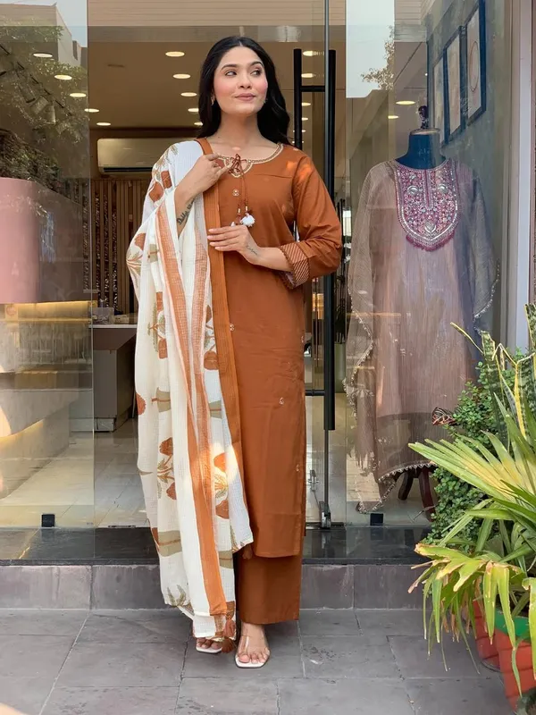 Rust_Orange_Cotton_Embellished_Kurta_Set_With_Printed_Dupatta_For_Women