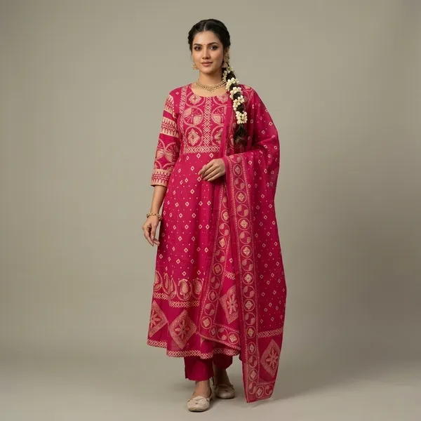 Pink_Bandhani_Print_Straight_Kurta_Set_For_Women