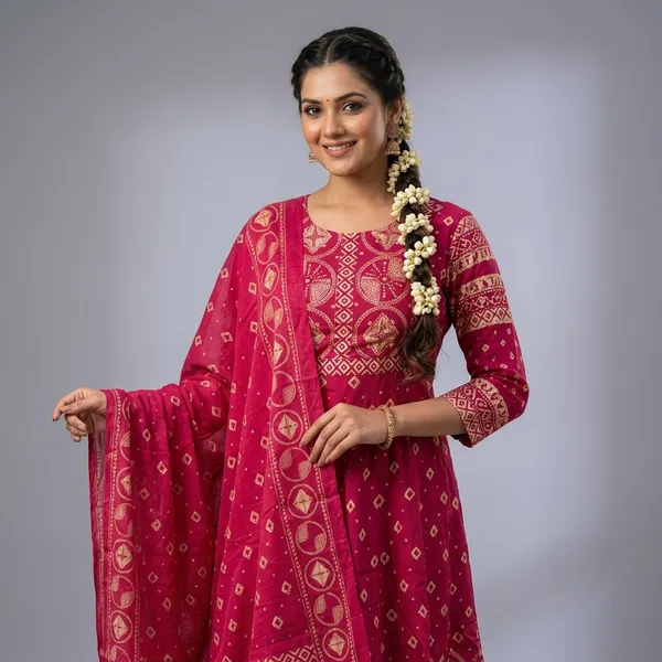 Pink_Bandhani_Print_Straight_Kurta_Set_For_Women