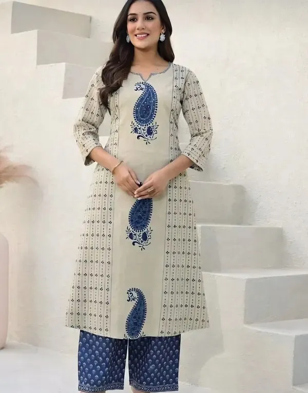 Beige_Cotton_Printed_Straight_Kurta_with_Blue_Palazzo_for_Women