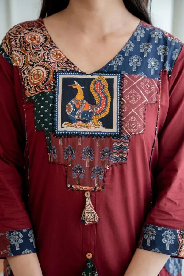 Maroon_Patchwork_Embroidered_Kurta_Set_With_Dupatta_For_Women