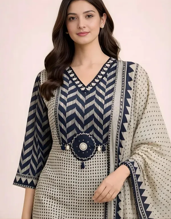 Beige_And_Black_Cotton_Chevron_Print_Straight_Kurta_Set_for_Women