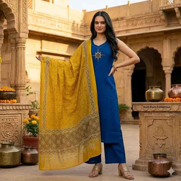 Blue_Cotton_Embroidered_Sleeveless_Kurta_Set_With_Yellow_Dupatta_For_Women