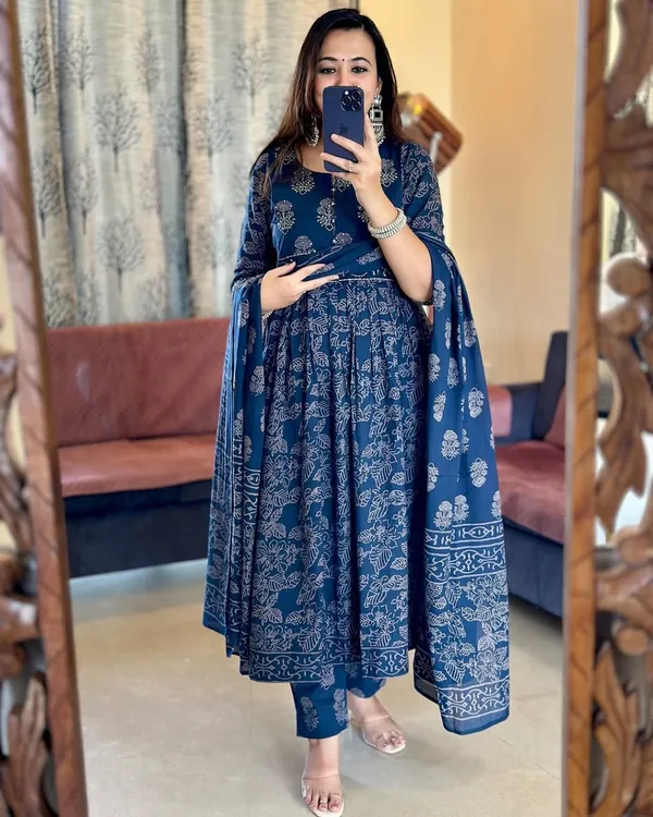 Blue_Cotton_Block_Print_Anarkali_Kurta_Set_For_Women
