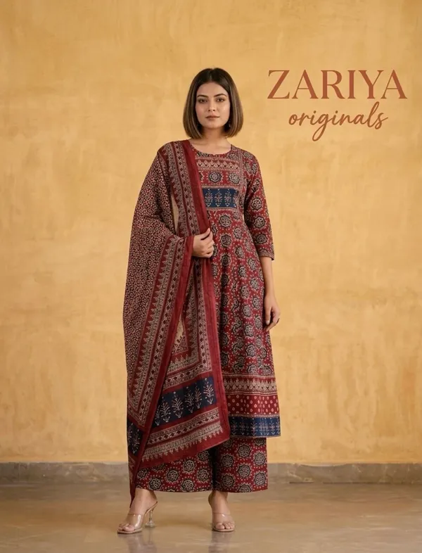 Maroon_And_Blue_Printed_Ethnic_Kurta_Set_With_Dupatta_For_Women