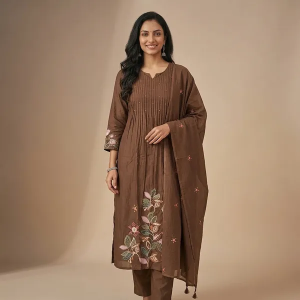 Brown_Embroidered_Floral_Kurta_Set_With_Dupatta_For_Women