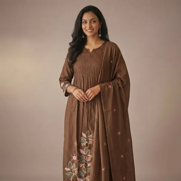 Brown_Embroidered_Floral_Kurta_Set_With_Dupatta_For_Women