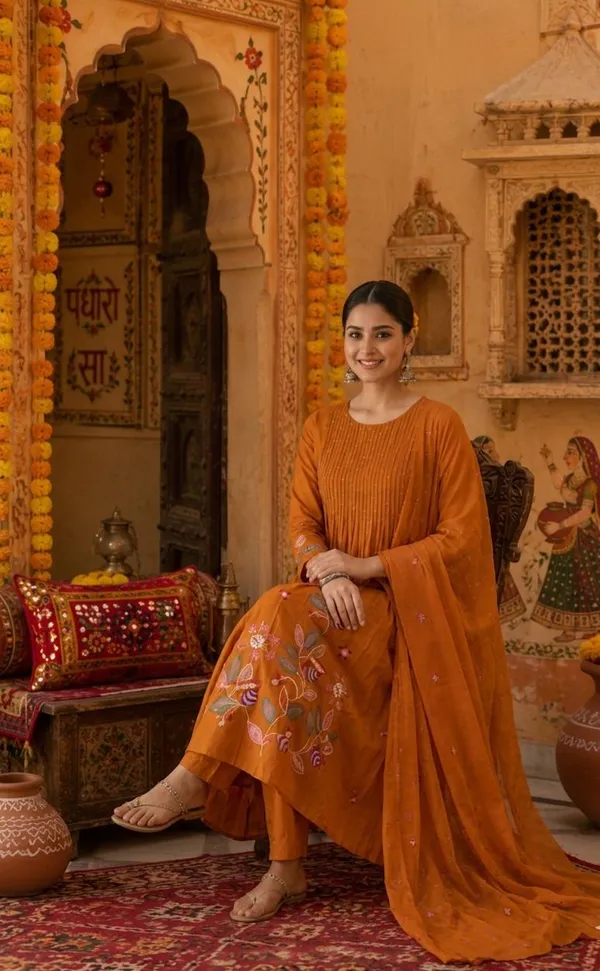 Orange_Cotton_Pintuck_Floral_Embroidered_Kurta_Set_For_Women