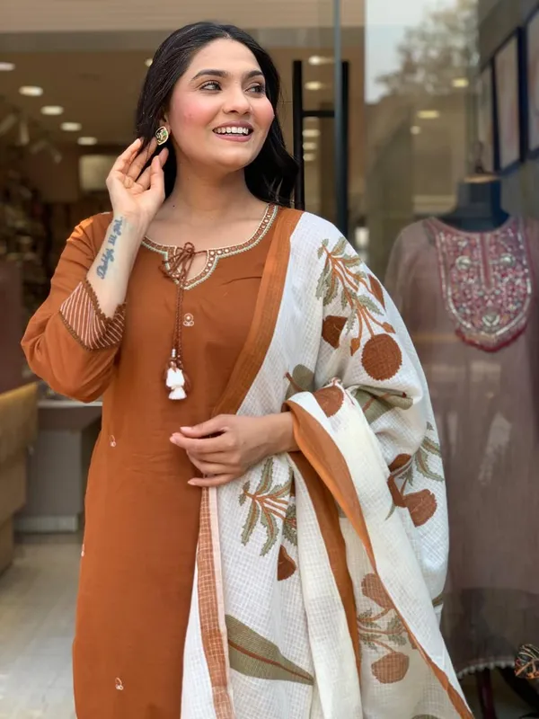 Rust_Orange_Cotton_Embellished_Kurta_Set_With_Printed_Dupatta_For_Women