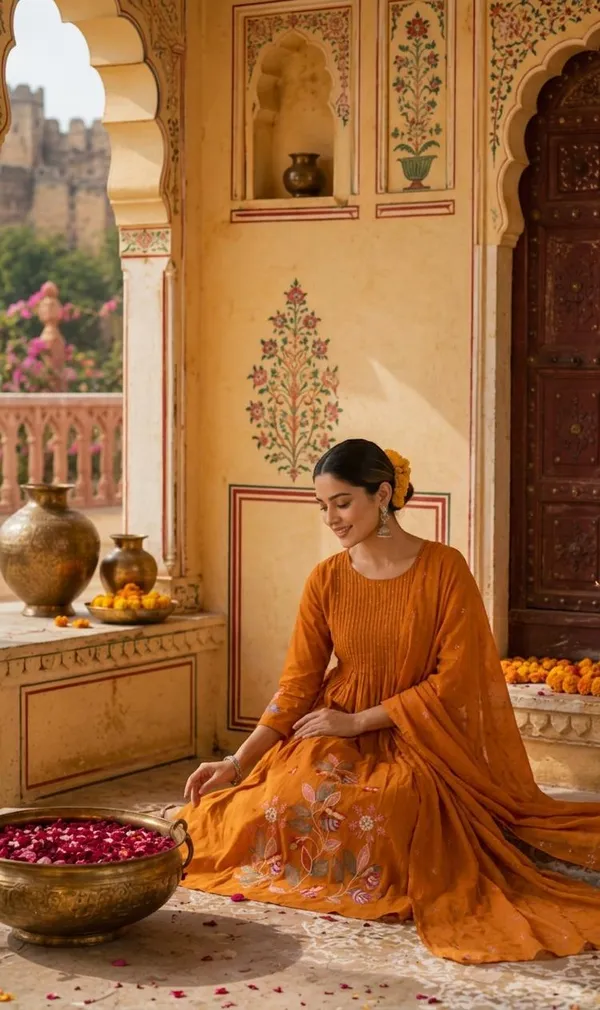 Orange_Cotton_Pintuck_Floral_Embroidered_Kurta_Set_For_Women