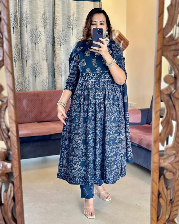 Blue_Cotton_Block_Print_Anarkali_Kurta_Set_For_Women