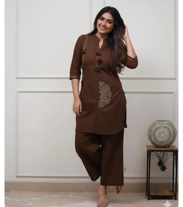 Brown_Embroidered_Kurta_Palazzo_Set_For_Women