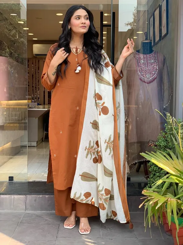 Rust_Orange_Cotton_Embellished_Kurta_Set_With_Printed_Dupatta_For_Women