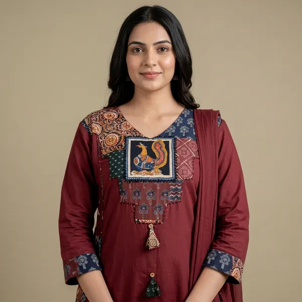 Maroon_Patchwork_Embroidered_Kurta_Set_With_Dupatta_For_Women