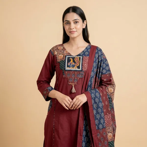 Maroon_Patchwork_Embroidered_Kurta_Set_With_Dupatta_For_Women