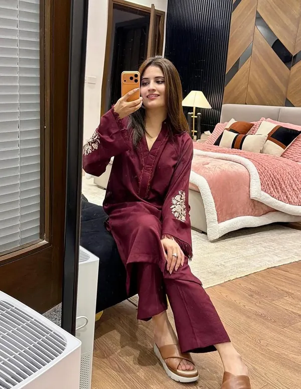 Maroon_Cotton_Embroidered_Kurta_Pajama_Set_For_Women