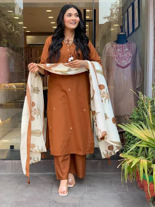 Rust_Orange_Cotton_Embellished_Kurta_Set_With_Printed_Dupatta_For_Women