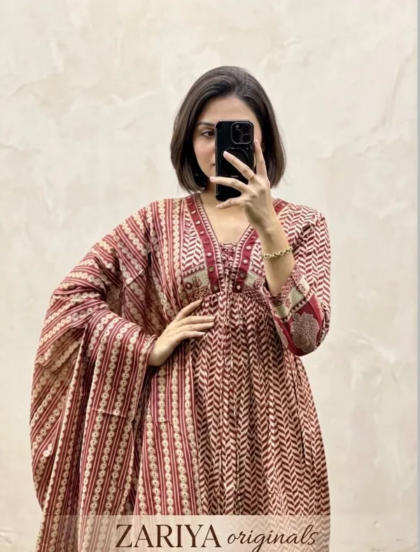 Maroon_Cotton_Printed_Anarkali_Kurta_Set_For_Women