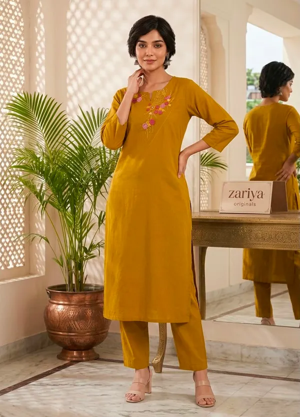 Mustard_Yellow_Embroidered_Kurta_Set_For_Women
