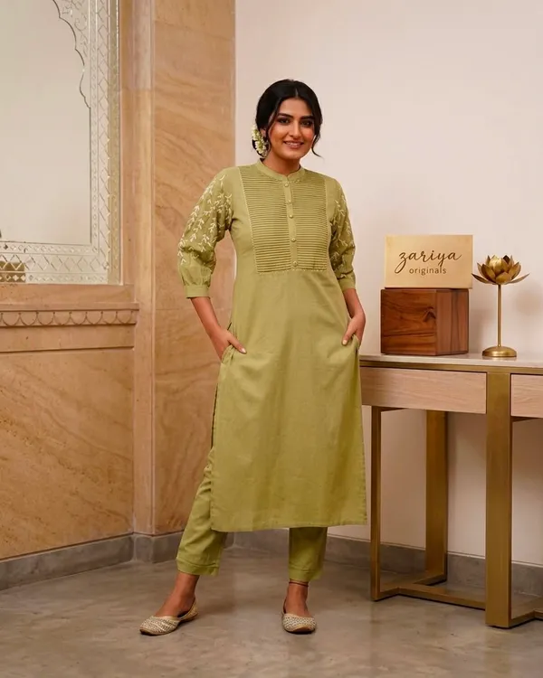 Olive_Green_Embroidered_Kurta_Pant_Set_For_Women