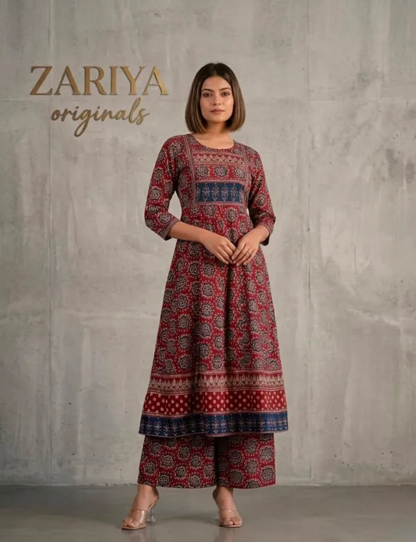 Maroon_And_Blue_Printed_Ethnic_Kurta_Set_With_Dupatta_For_Women