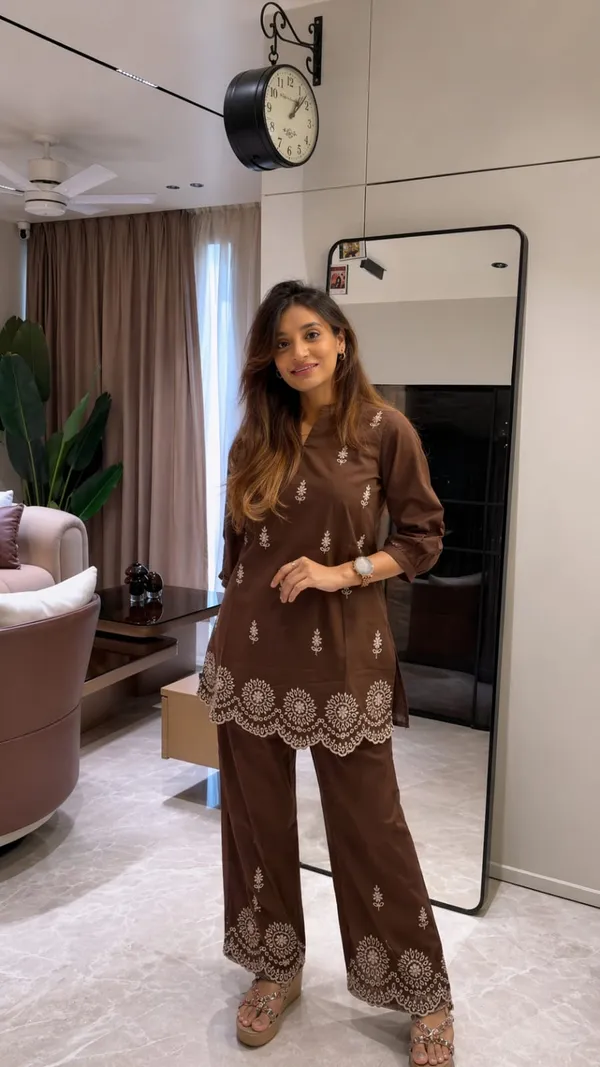 Brown_Embroidered_Ethnic_Kurta_Pajama_Set_For_Women
