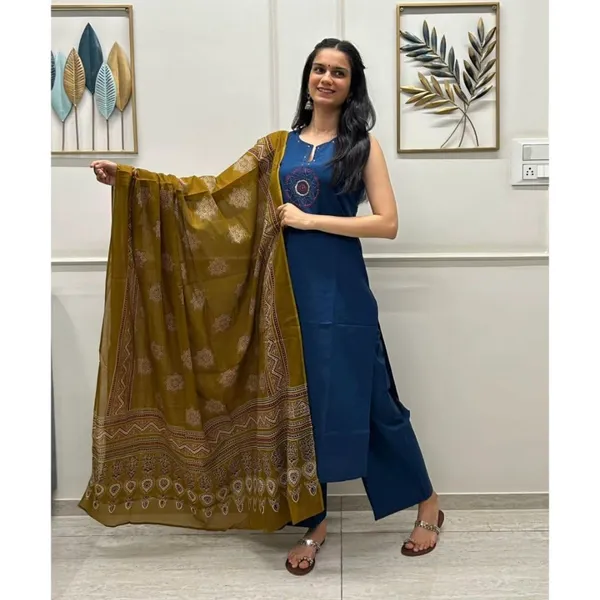 Blue_Cotton_Embroidered_Sleeveless_Kurta_Set_With_Yellow_Dupatta_For_Women