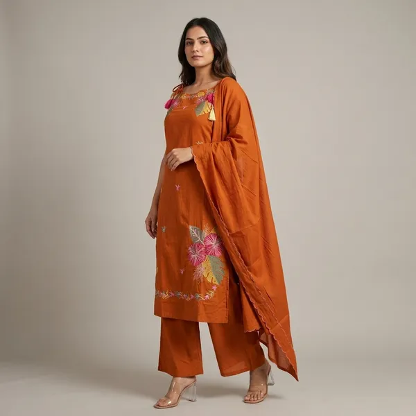 Orange_Floral_Embroidered_Kurta_Set_With_Dupatta_And_Palazzo_For_Women