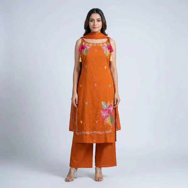 Orange_Floral_Embroidered_Kurta_Set_With_Dupatta_And_Palazzo_For_Women