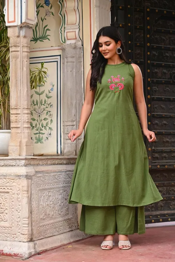 Green_Embroidered_Sleeveless_Kurta_With_Palazzo_Set_For_Women