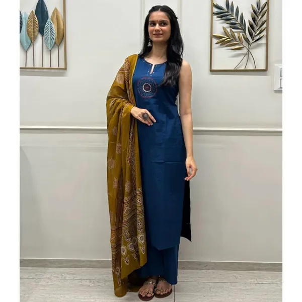 Blue_Cotton_Embroidered_Sleeveless_Kurta_Set_With_Yellow_Dupatta_For_Women