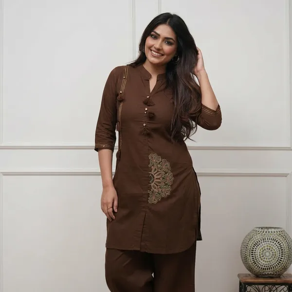 Brown_Embroidered_Kurta_Palazzo_Set_For_Women