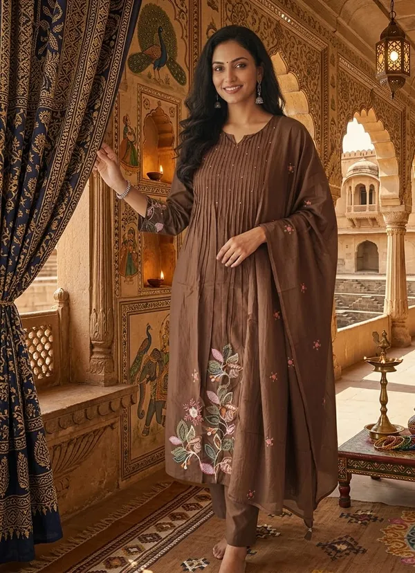 Brown_Embroidered_Floral_Kurta_Set_With_Dupatta_For_Women