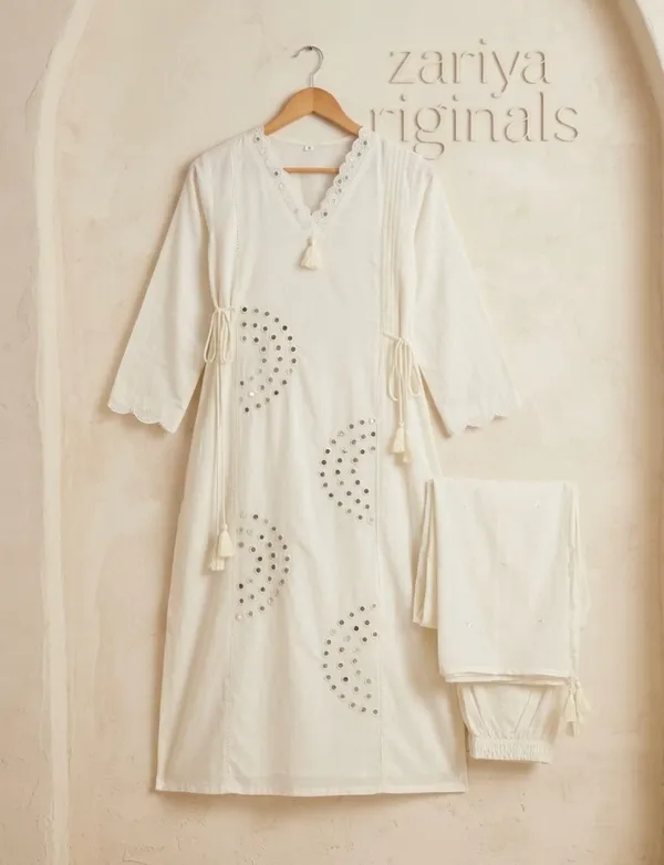 White_Embellished_Mirror_Work_Kurta_Set_With_Dupatta_For_Women